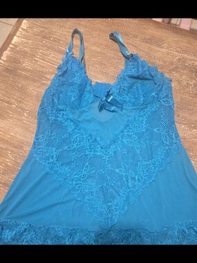 Teal Lace V-Neck Women's Chemise with Bow Accent